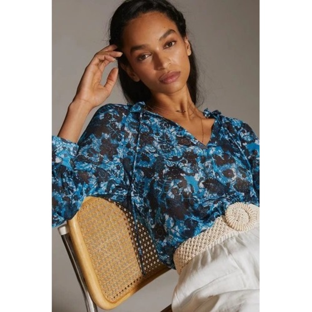 Anthropologie Sheer Printed‎ Peasant Blouse - Size Small - Blue Motif